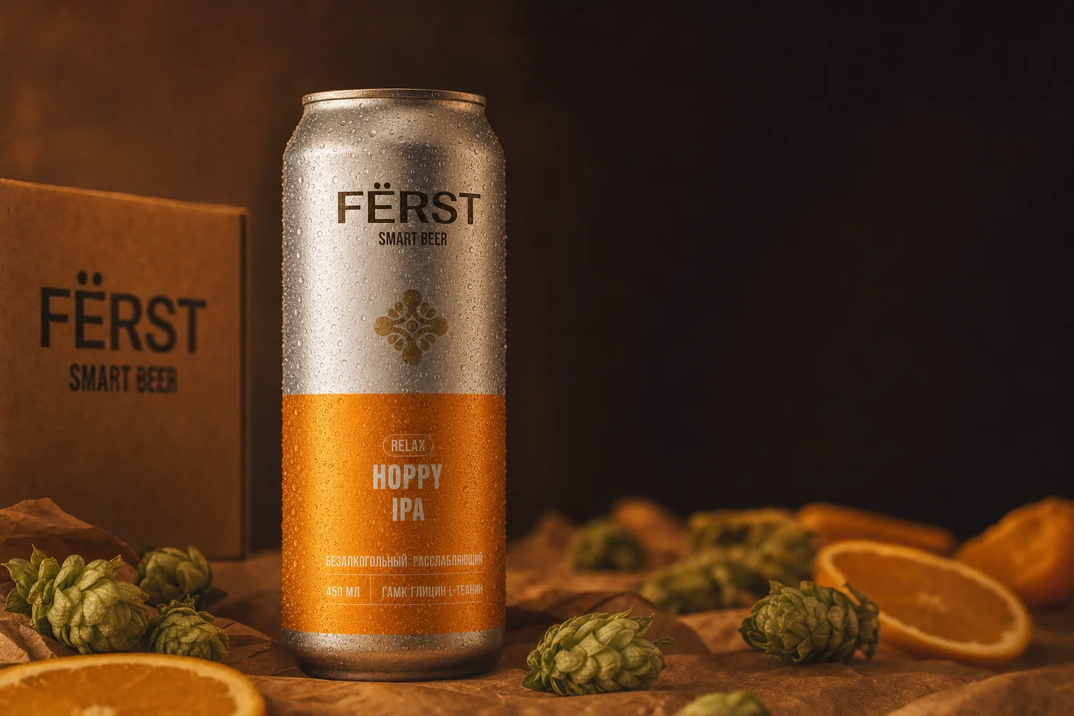 Банка FËRST Smart Beer на крафт-бумаге в тёплом свете